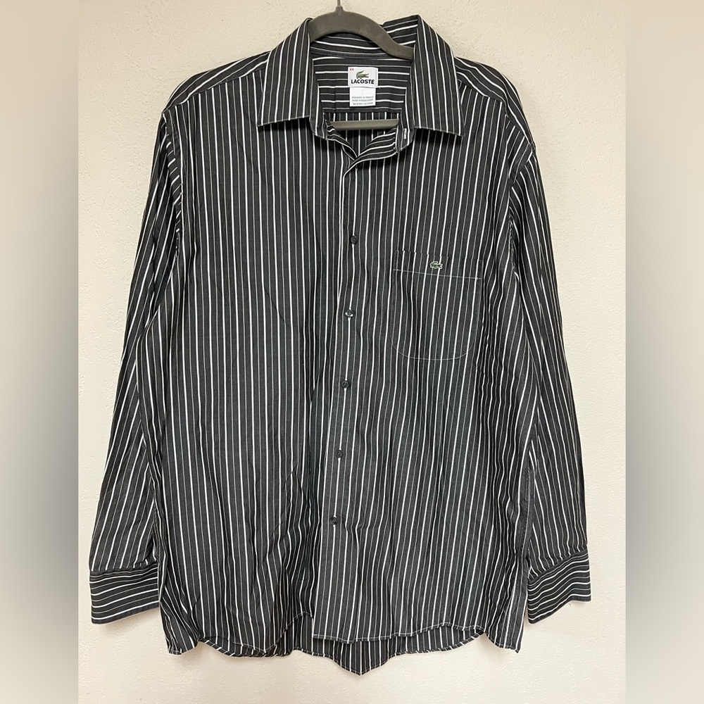 Lacoste Button Down Shirt Classic Fit Mens 44 White Striped Long Sleeve
